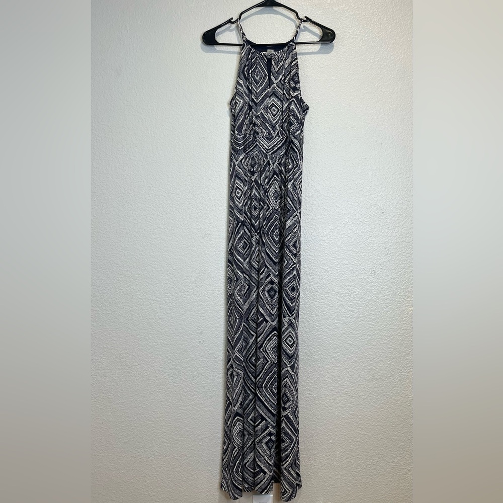 Loft Geometric Navy and White Halter Maxi Dress, S
